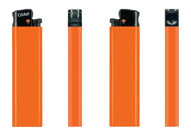 Cricket Original Feuerzeug in Orange – Vorder-, Seiten- und Rückansicht