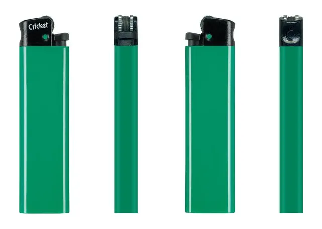 Cricket Original Feuerzeug in Smaragd – Vorder-, Seiten- und Rückansicht