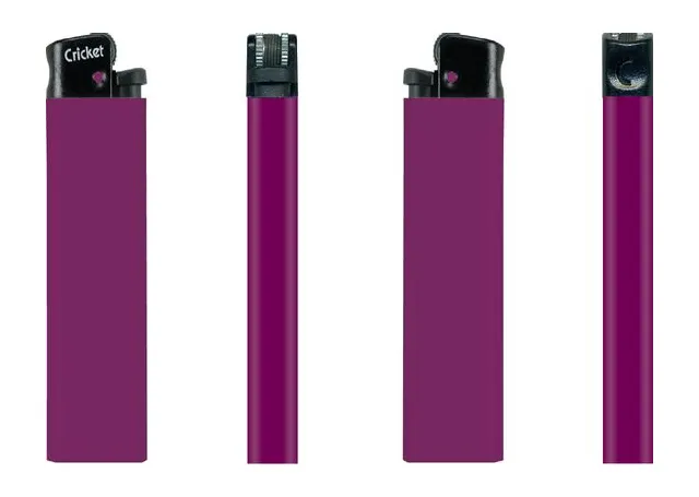 Cricket Original Feuerzeug in Violett – Vorder-, Seiten- und Rückansicht