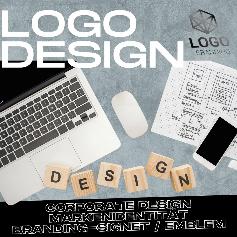 Logo-Design: Laptop, Skizzen und Holzwürfel mit dem Wort Design