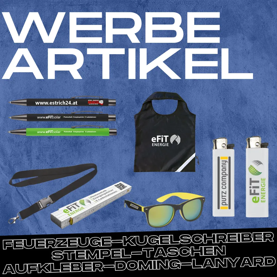 Bedruckte Kugelschreiber, Feuerzeuge, Taschen, Zollstöcke, Lanyards und Sonnenbrillen